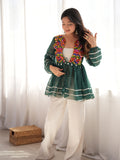 Sparkling Bottle Green Mirror Work Georgette Navratri Kediya Style Top