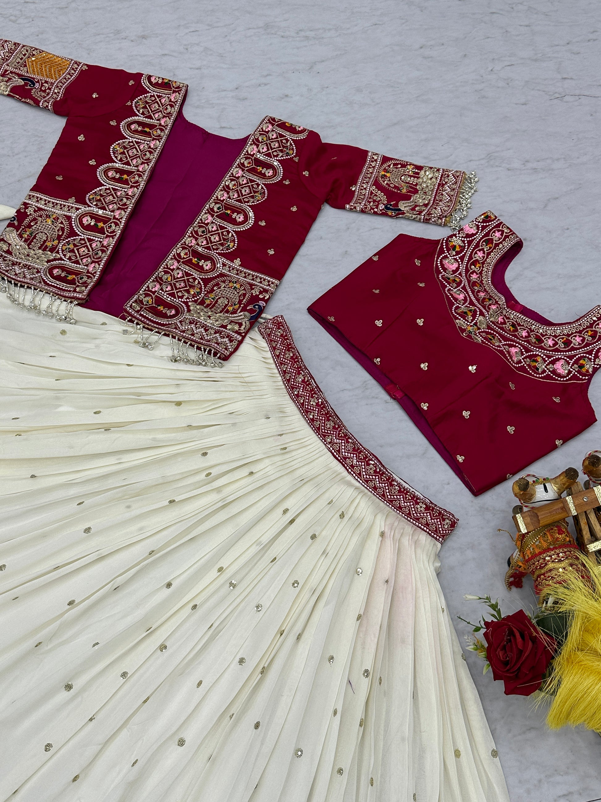 Graceful Off-White Thread Work Silk Designer Lehenga Choli With Koti