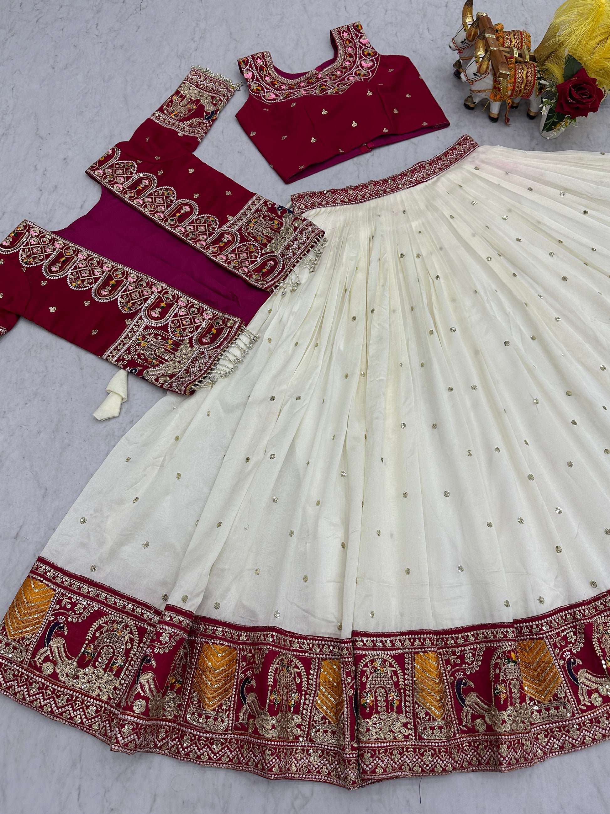 Graceful Off-White Thread Work Silk Designer Lehenga Choli With Koti
