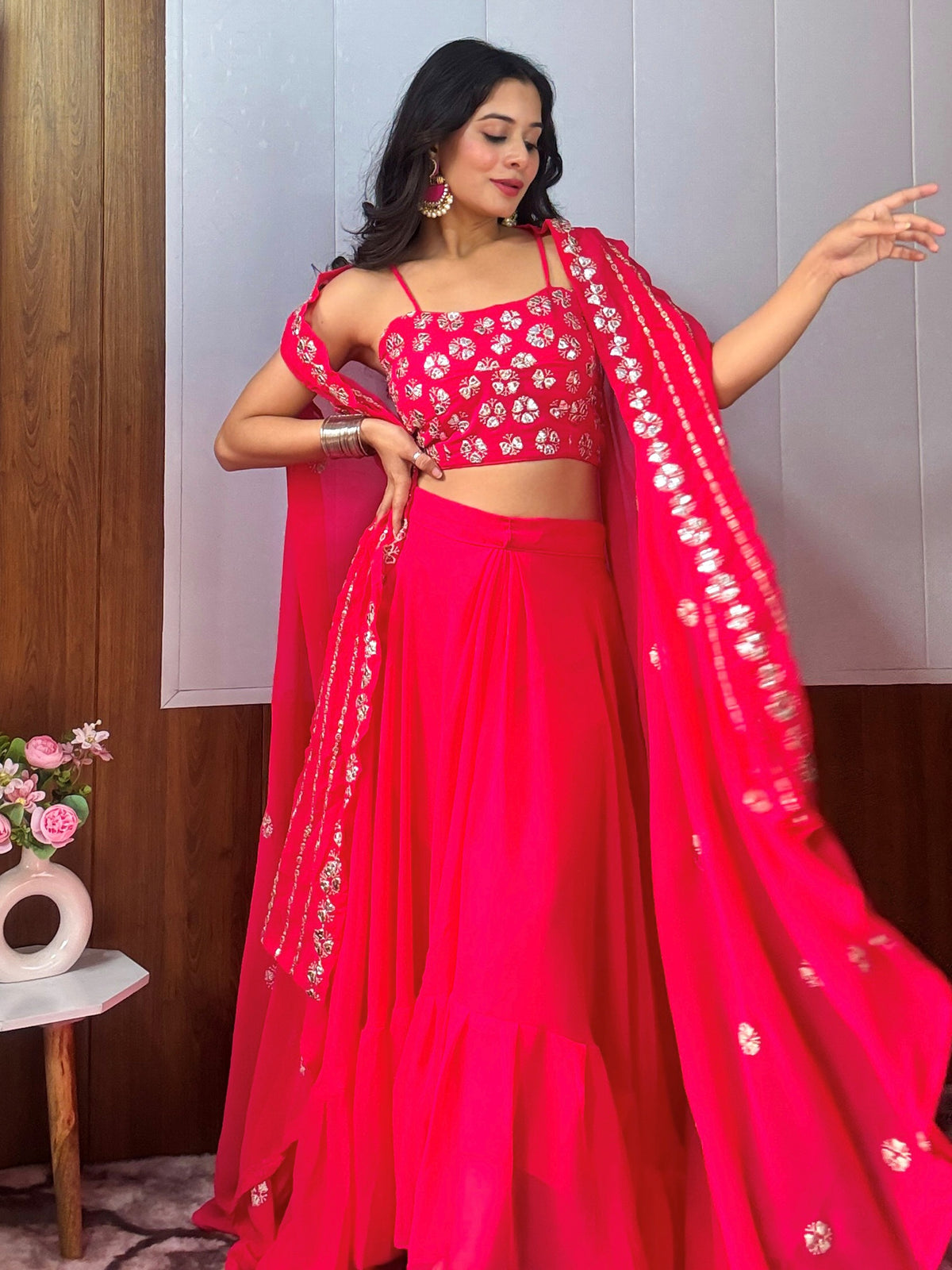 Glamorous Pink Sequins Work Georgette Party Wear Lehenga Choli