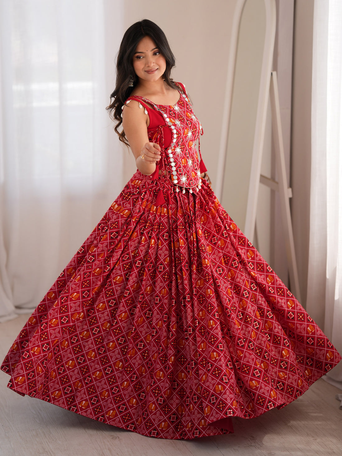 Great Red Digital Printed Rayon Navratri Wear Lehenga Choli with Koti