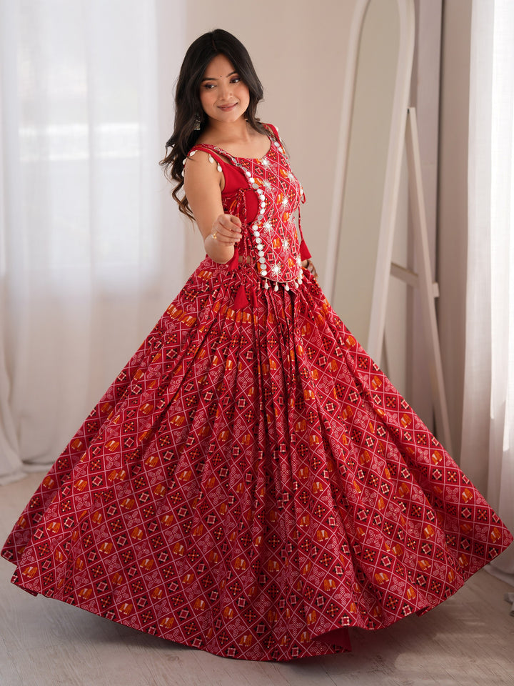 Great Red Digital Printed Rayon Navratri Wear Lehenga Choli with Koti