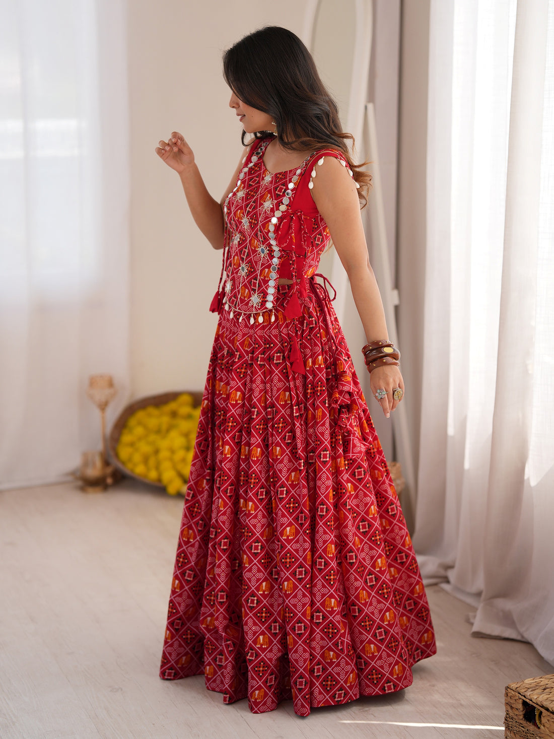 Great Red Digital Printed Rayon Navratri Wear Lehenga Choli with Koti