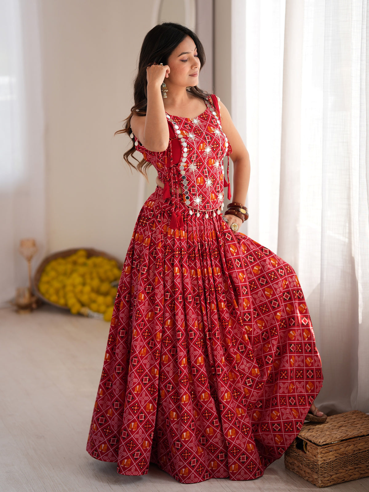 Great Red Digital Printed Rayon Navratri Wear Lehenga Choli with Koti