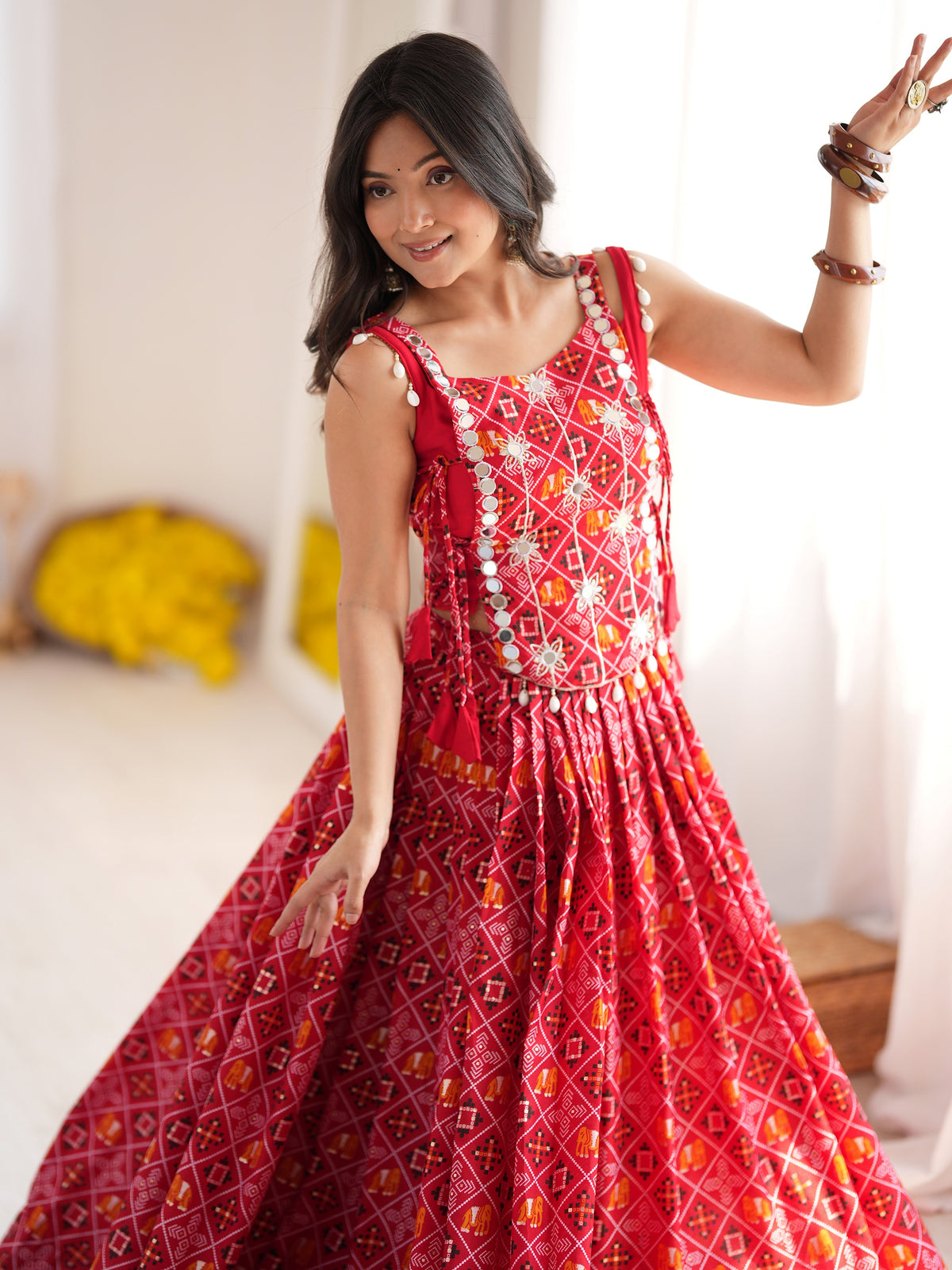 Great Red Digital Printed Rayon Navratri Wear Lehenga Choli with Koti