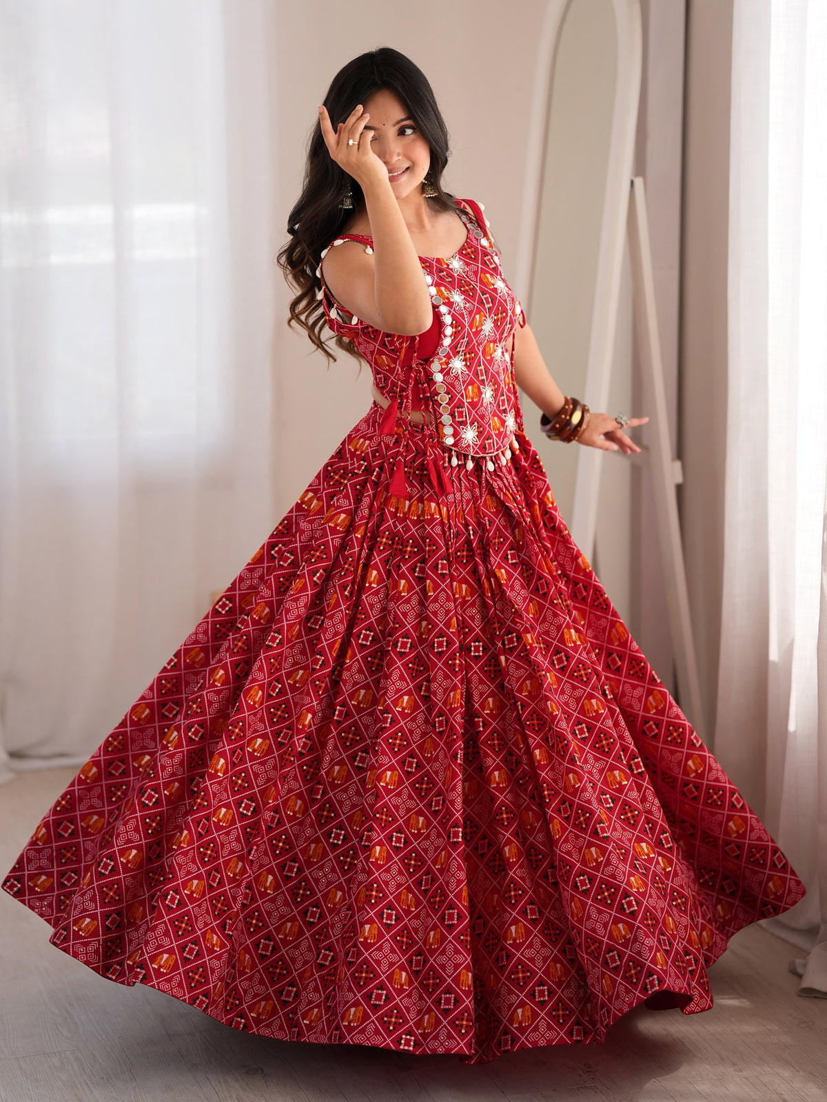 Great Red Digital Printed Rayon Navratri Wear Lehenga Choli with Koti