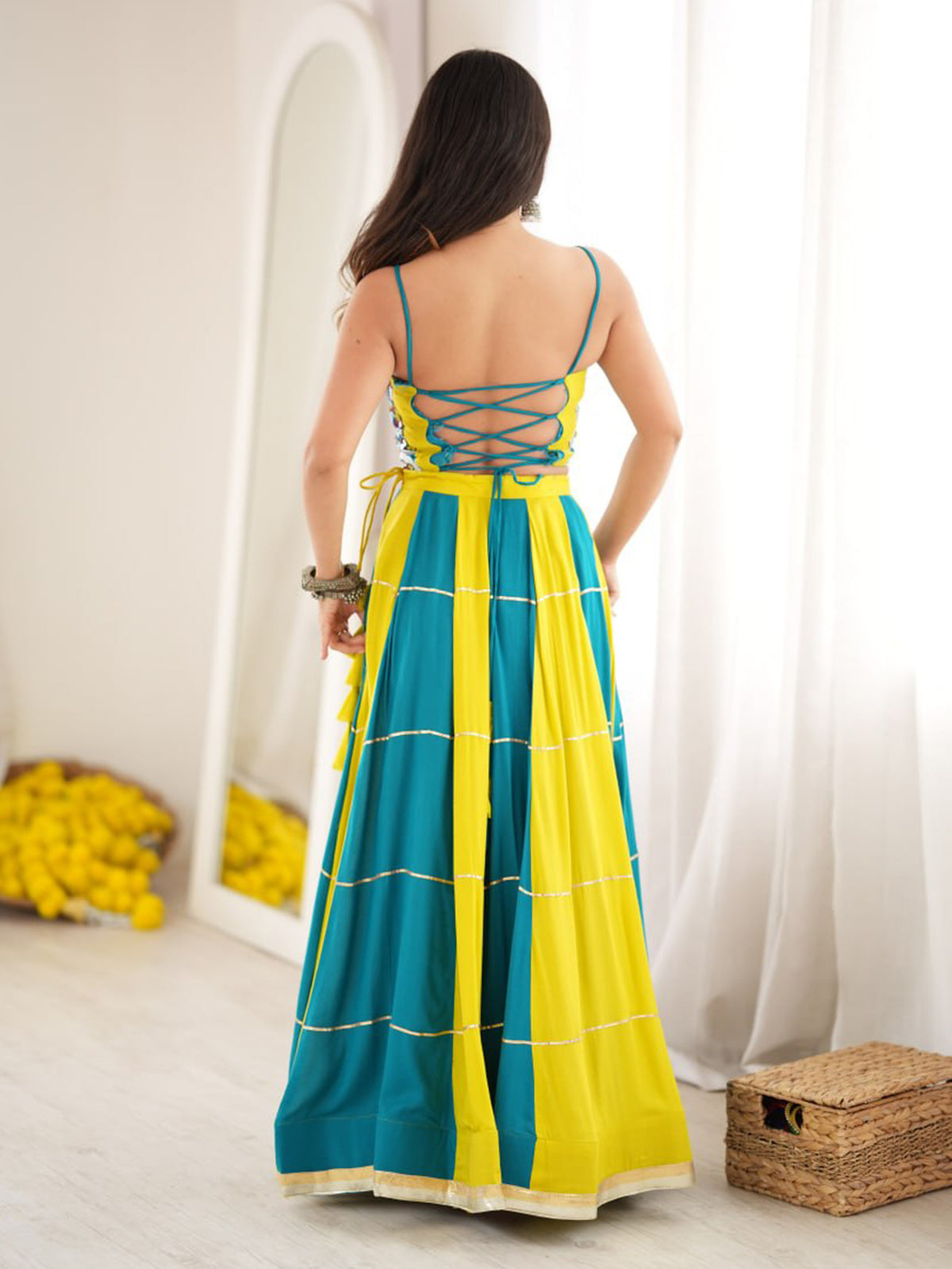 Excellent Teal Blue Gota Patti Rayon Navratri Wear Lehenga Choli