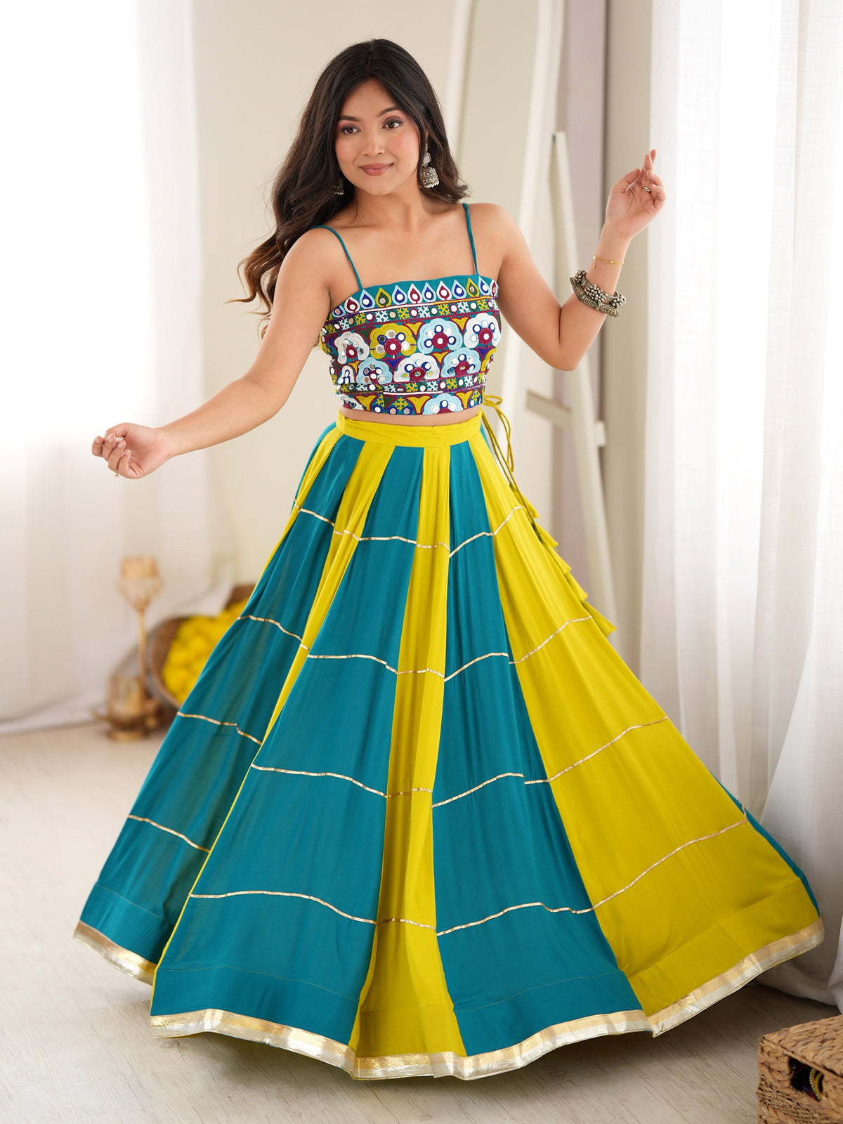 Excellent Teal Blue Gota Patti Rayon Navratri Wear Lehenga Choli