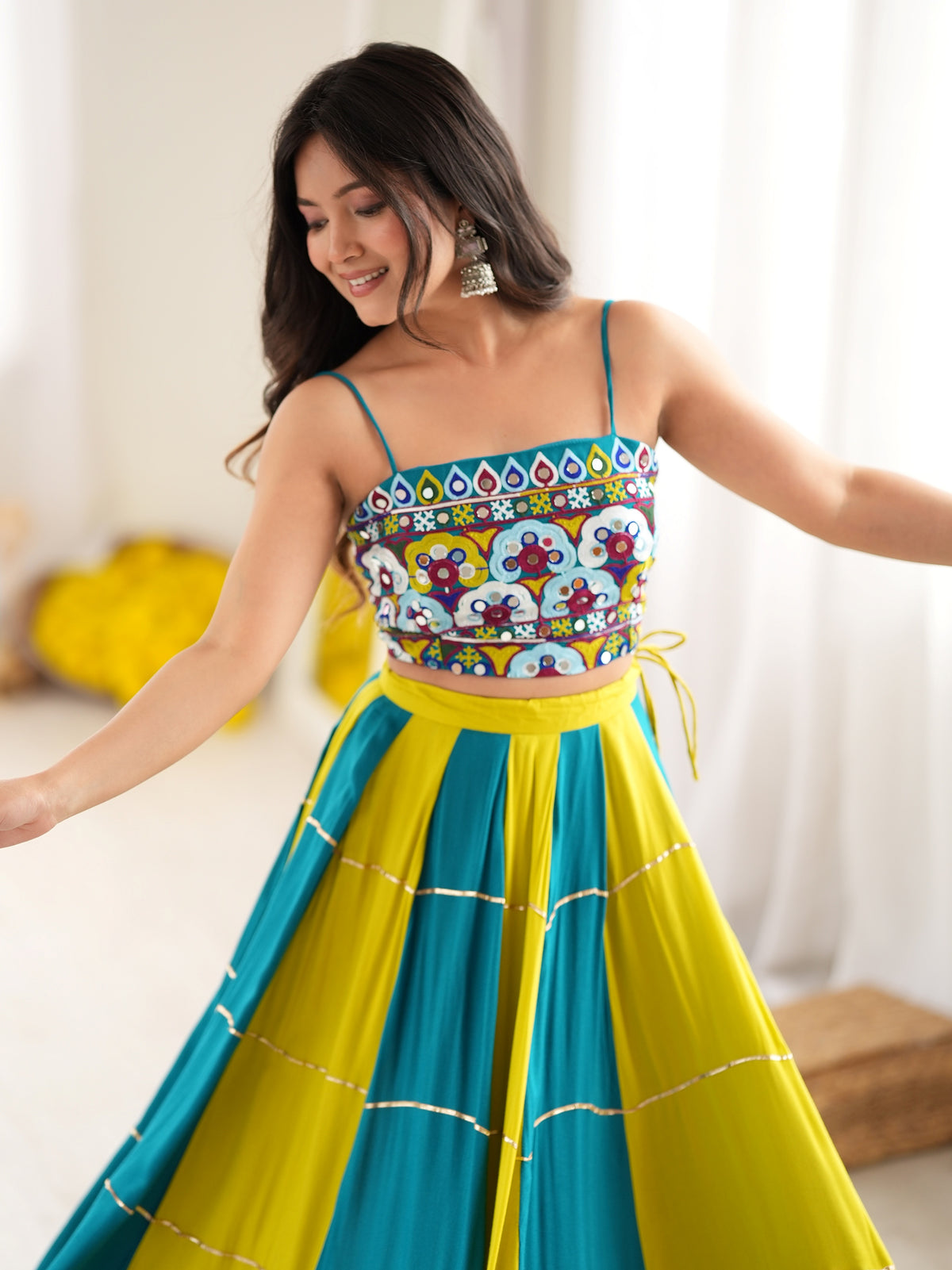 Excellent Teal Blue Gota Patti Rayon Navratri Wear Lehenga Choli