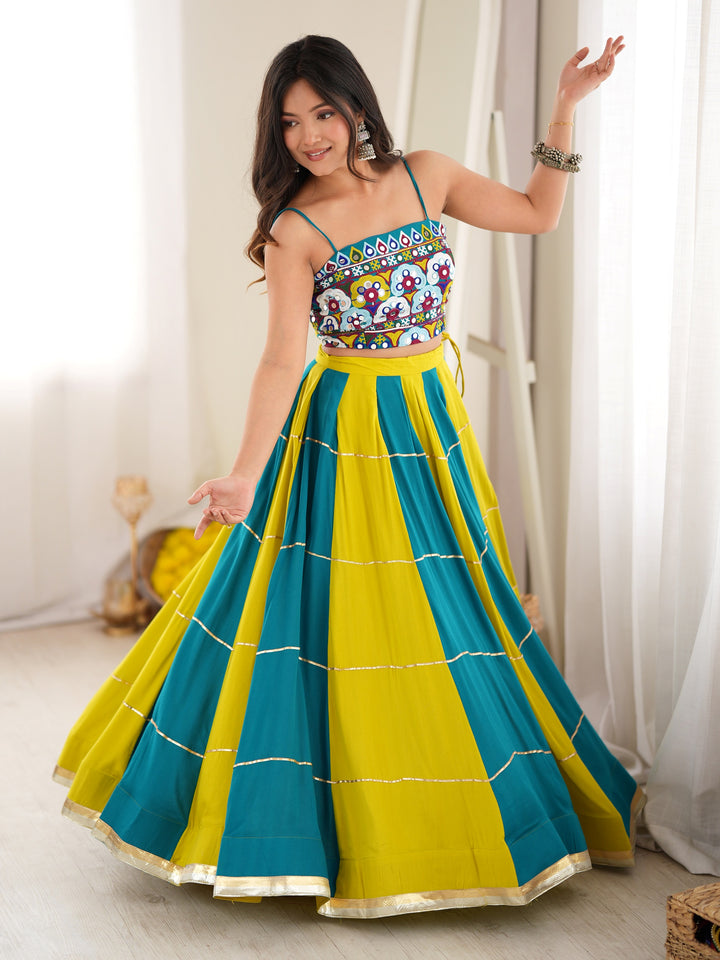 Excellent Teal Blue Gota Patti Rayon Navratri Wear Lehenga Choli