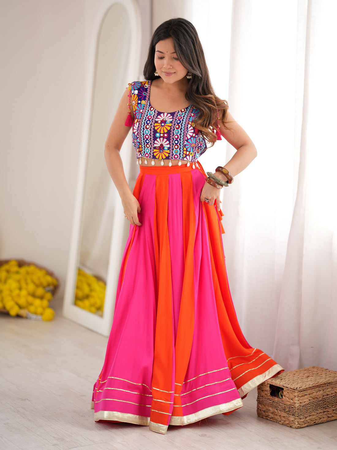 Attractive Pink Gota Patti Rayon Navratri Wear Lehenga Choli