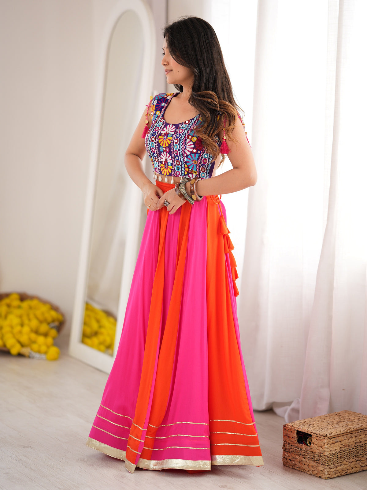 Attractive Pink Gota Patti Rayon Navratri Wear Lehenga Choli