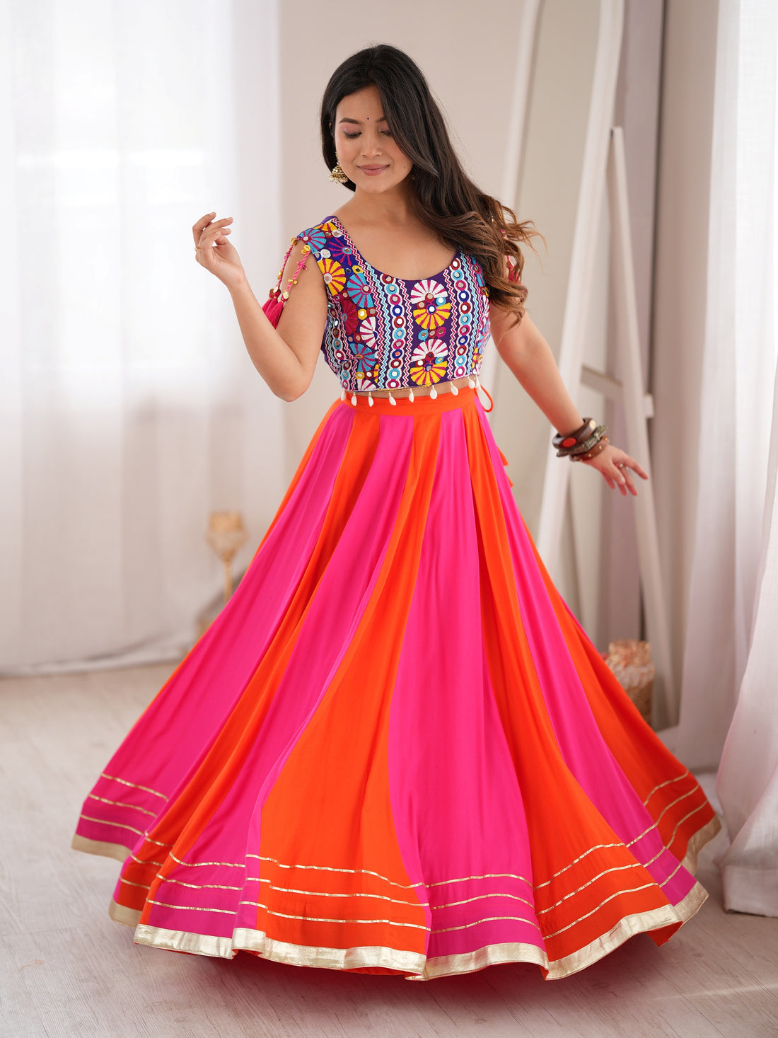 Attractive Pink Gota Patti Rayon Navratri Wear Lehenga Choli