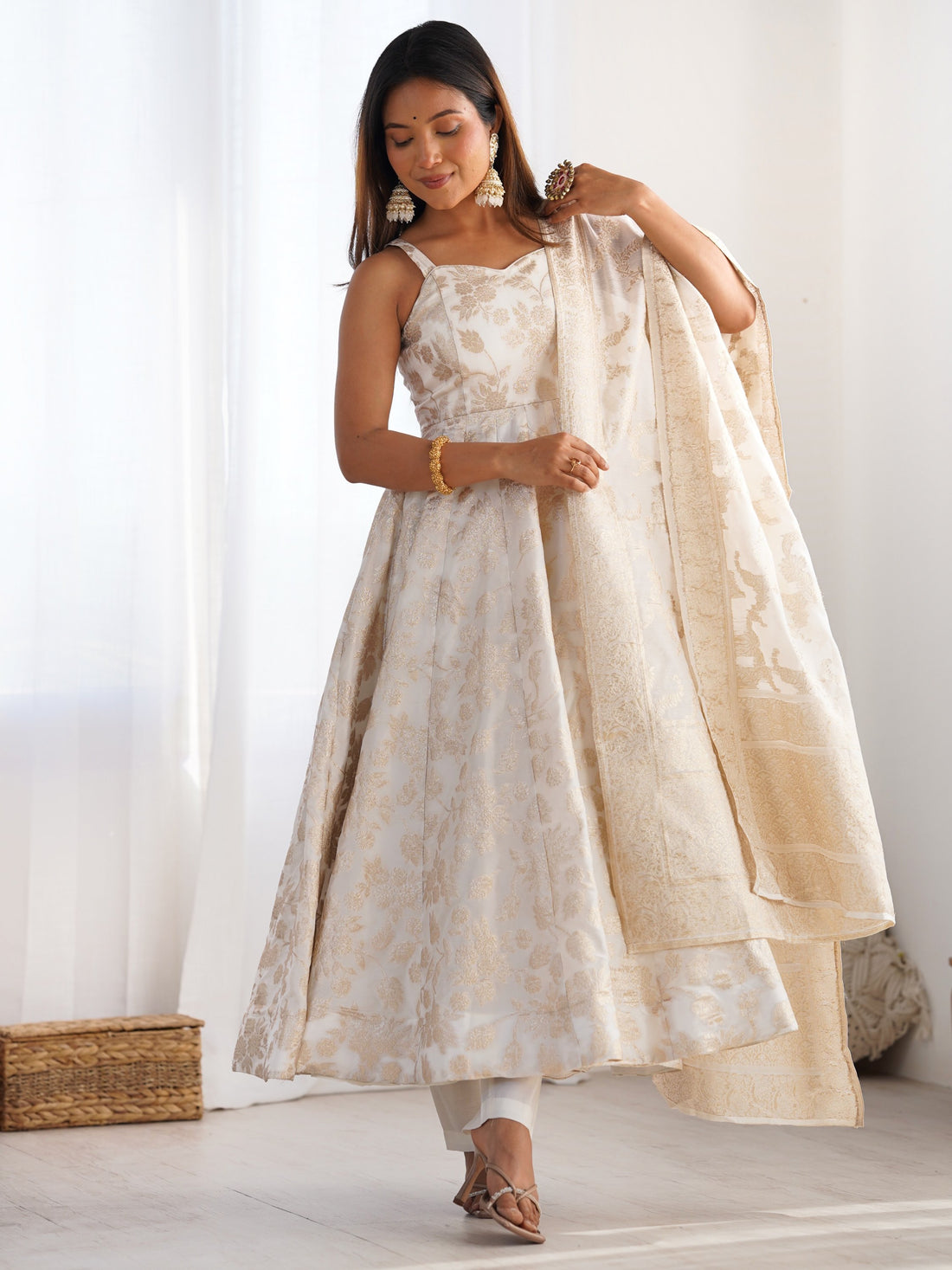 Beautiful Off-White Zari Weaving Banarasi Silk Function Wear Anarkali Gown With Dupatta