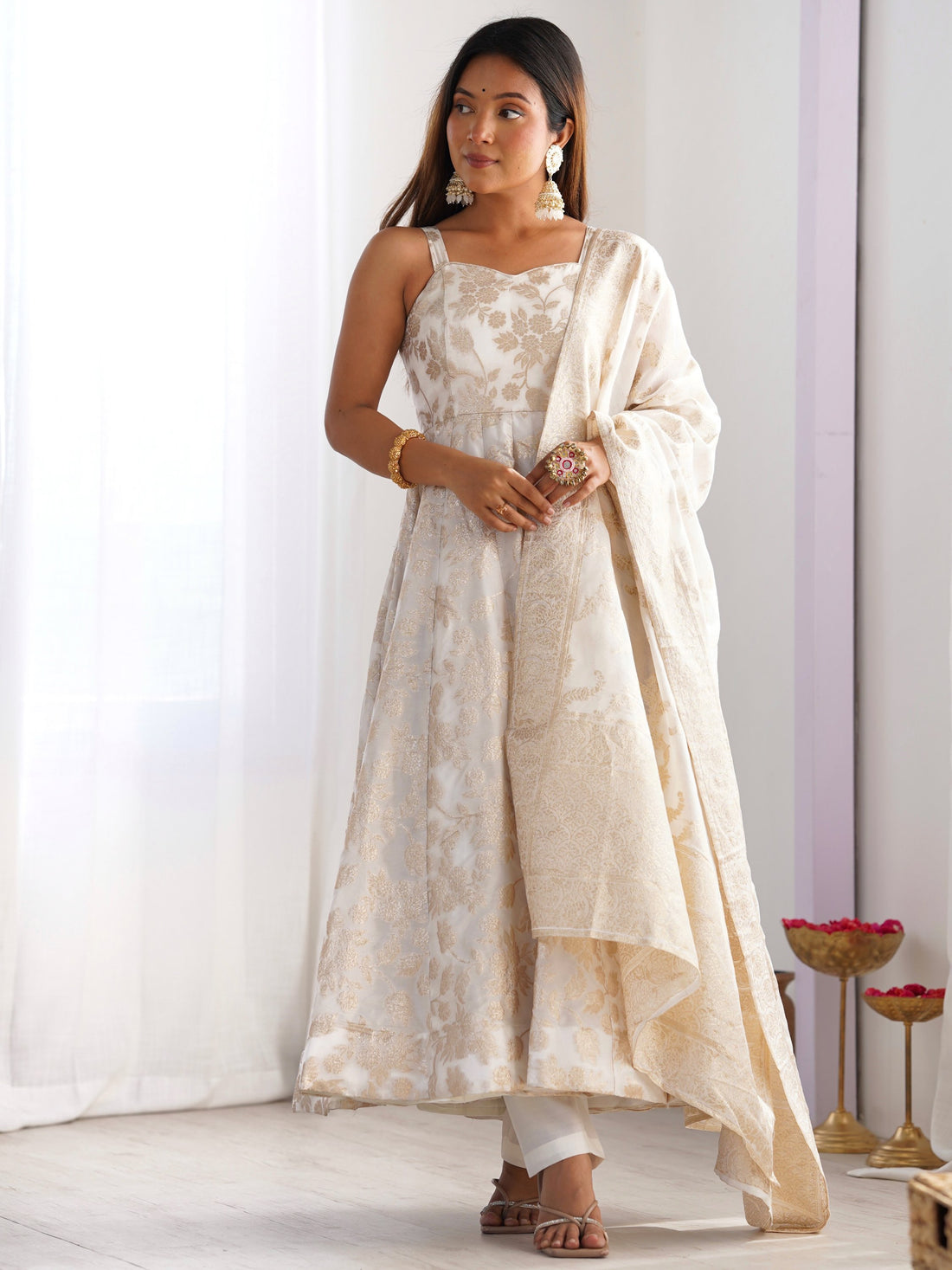 Beautiful Off-White Zari Weaving Banarasi Silk Function Wear Anarkali Gown With Dupatta