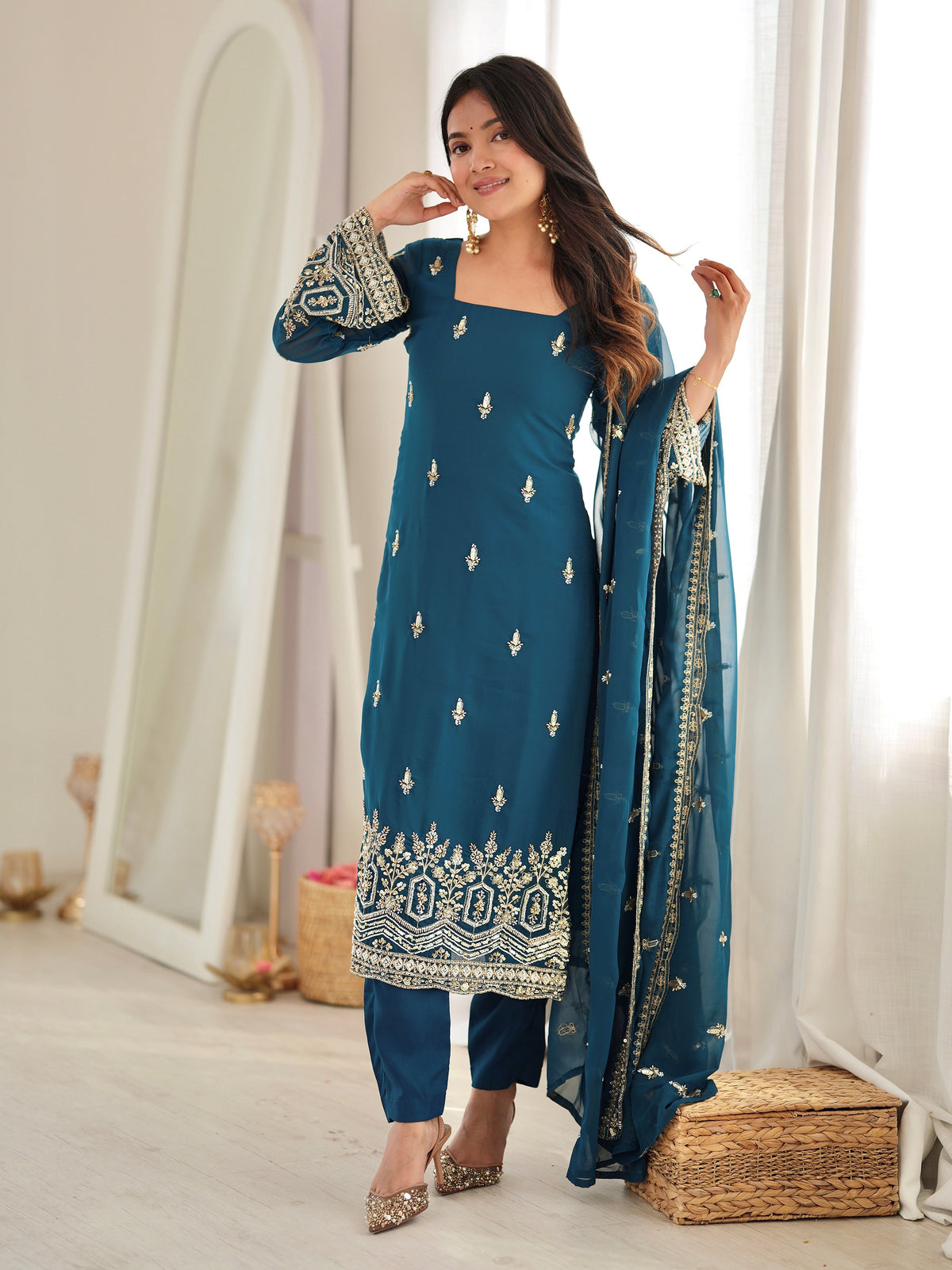 Adorable Teal Blue Beadwork Georgette Wedding Wear Salwar Kameez