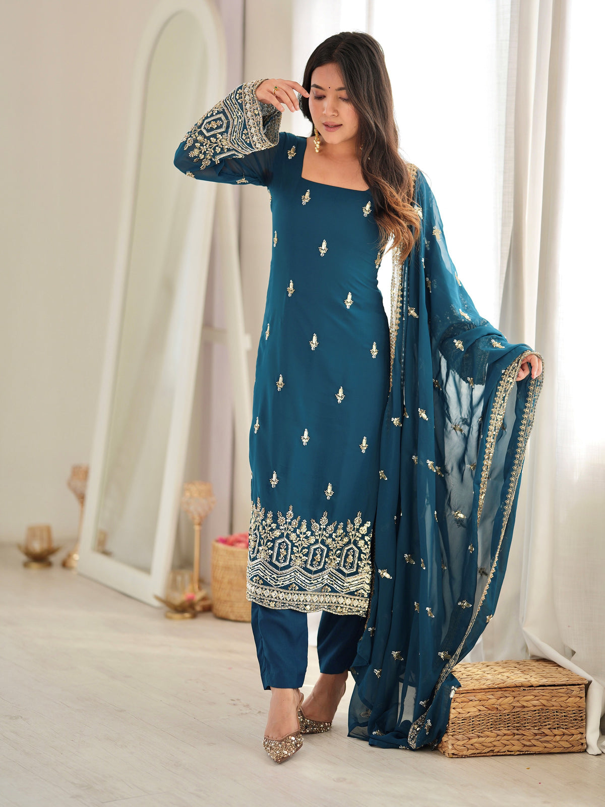 Adorable Teal Blue Beadwork Georgette Wedding Wear Salwar Kameez