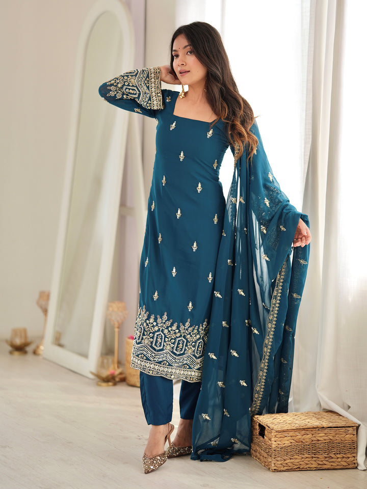Adorable Teal Blue Beadwork Georgette Wedding Wear Salwar Kameez