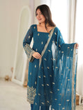 Adorable Teal Blue Beadwork Georgette Wedding Wear Salwar Kameez