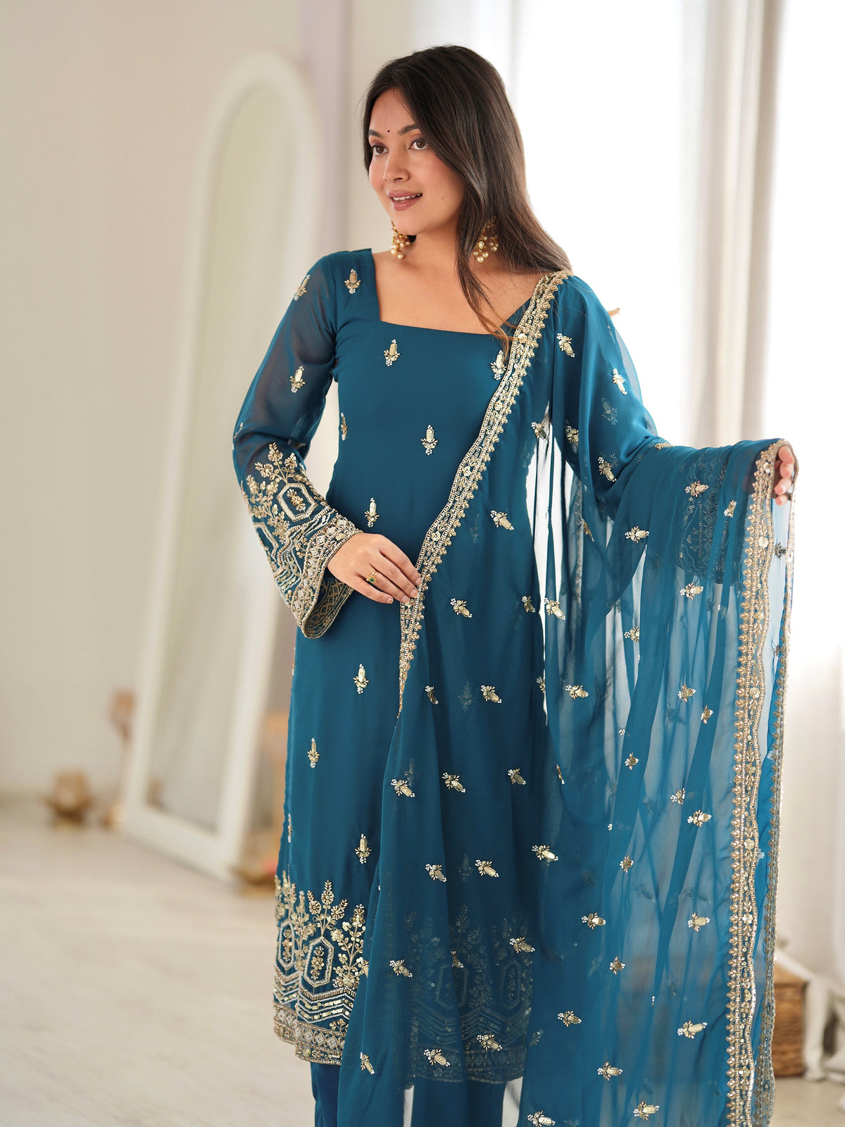Adorable Teal Blue Beadwork Georgette Wedding Wear Salwar Kameez