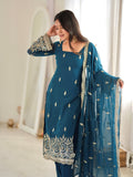 Adorable Teal Blue Beadwork Georgette Wedding Wear Salwar Kameez