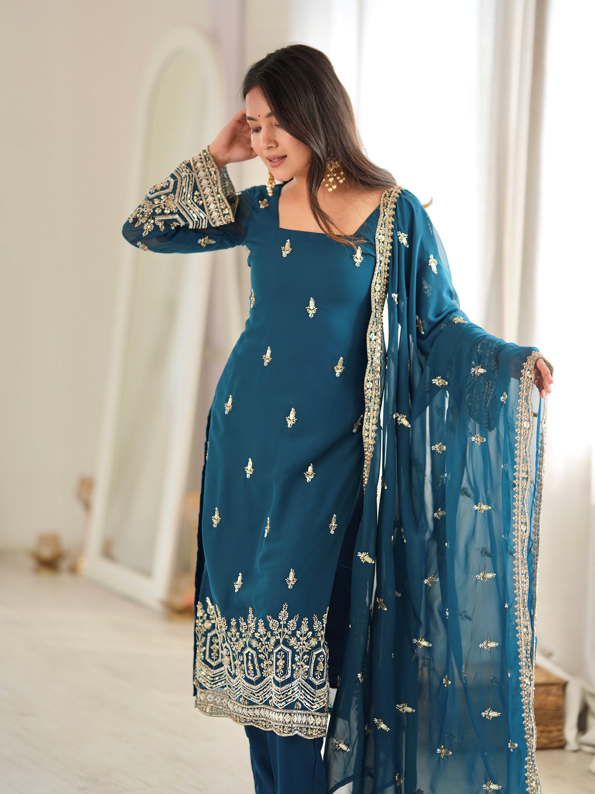 Adorable Teal Blue Beadwork Georgette Wedding Wear Salwar Kameez
