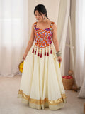 Graceful Cream Mirror Work Rayon Navratri Wear Lehenga Choli