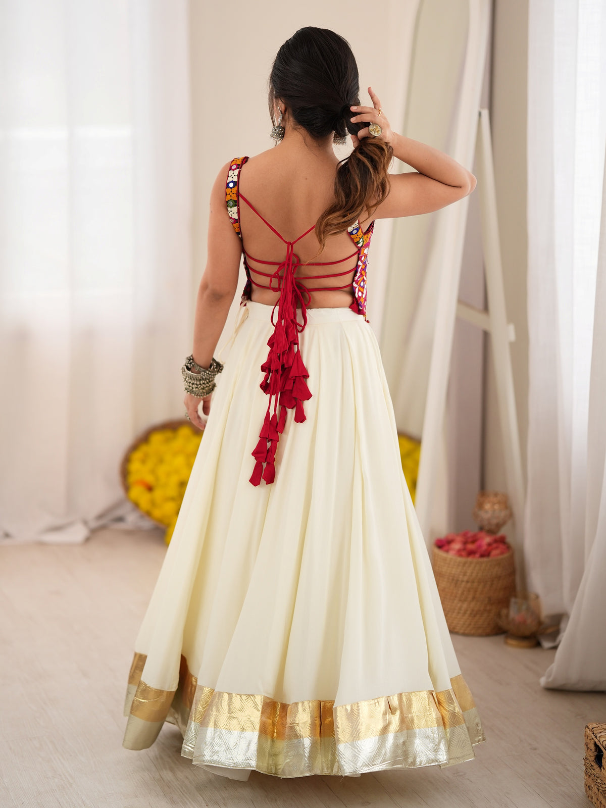 Graceful Cream Mirror Work Rayon Navratri Wear Lehenga Choli