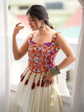Graceful Cream Mirror Work Rayon Navratri Wear Lehenga Choli
