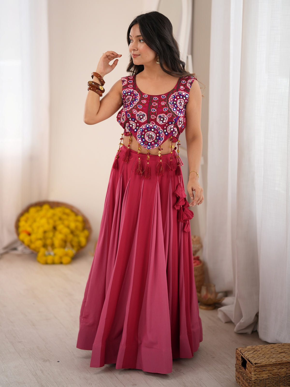Enchanting Pink Mirror Work Rayon Navratri Wear Lehenga Choli