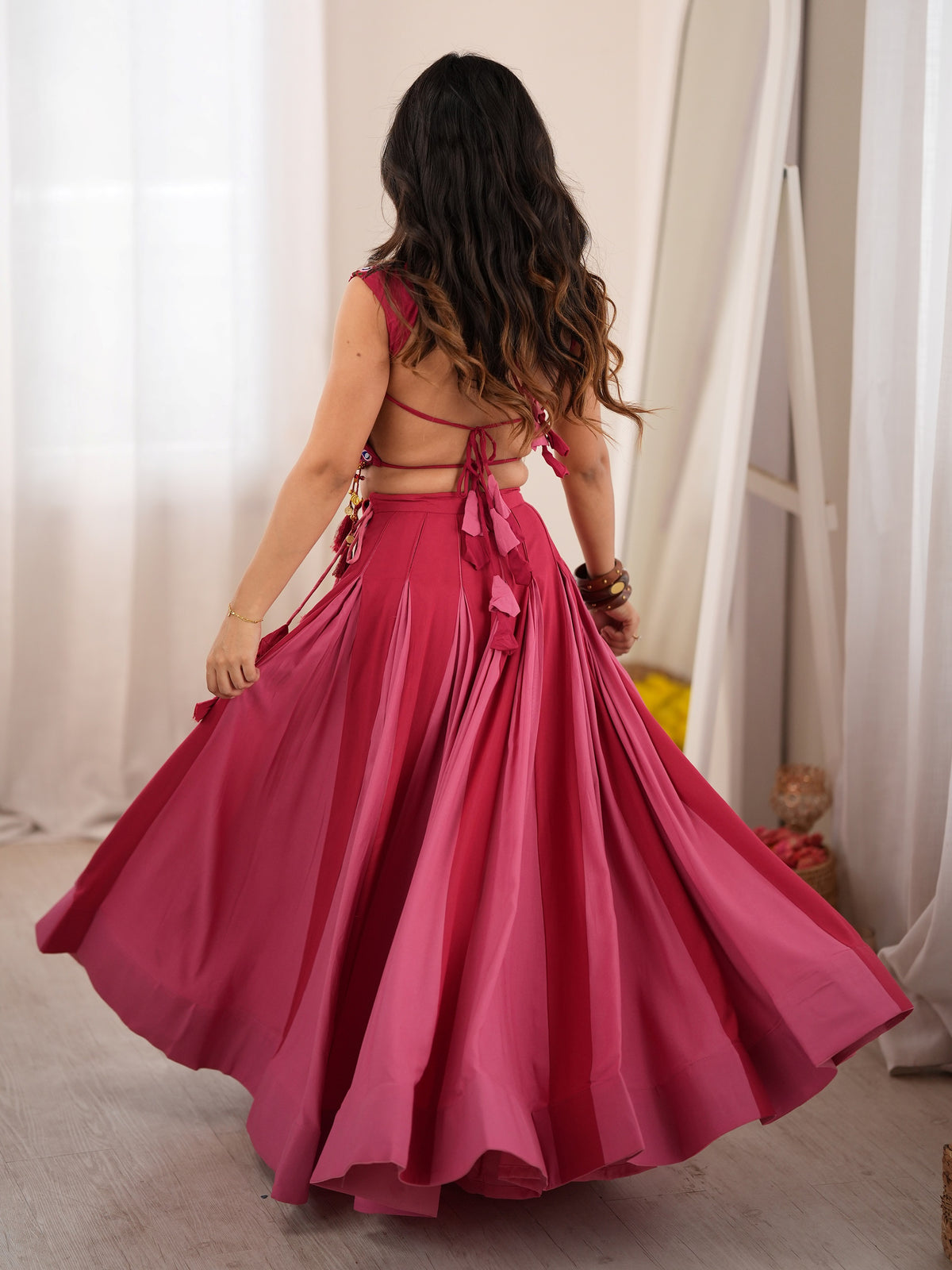 Enchanting Pink Mirror Work Rayon Navratri Wear Lehenga Choli