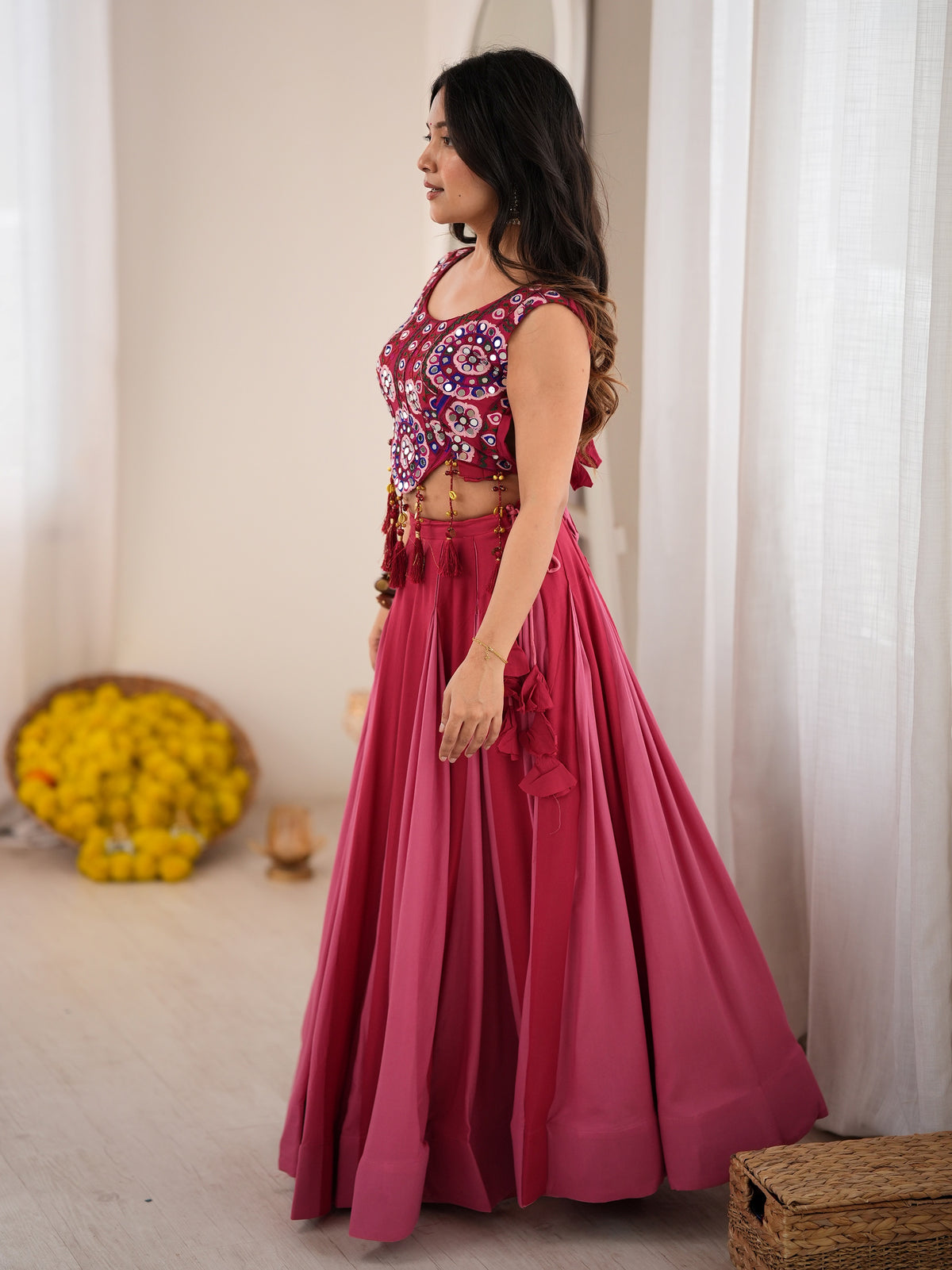 Enchanting Pink Mirror Work Rayon Navratri Wear Lehenga Choli