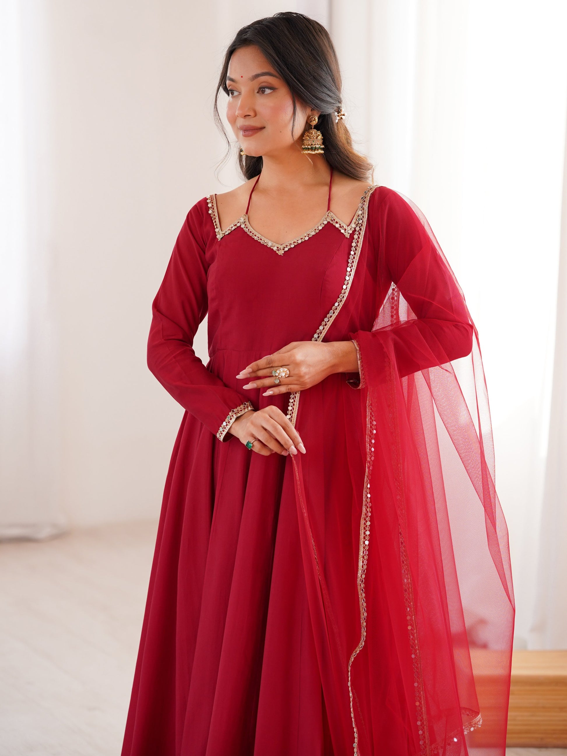 Amazing Maroon Lace Work Georgette Wedding Wear Anarkali Gown With Dupatta