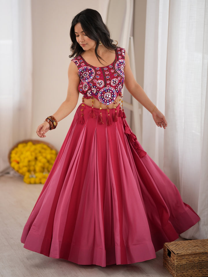 Enchanting Pink Mirror Work Rayon Navratri Wear Lehenga Choli
