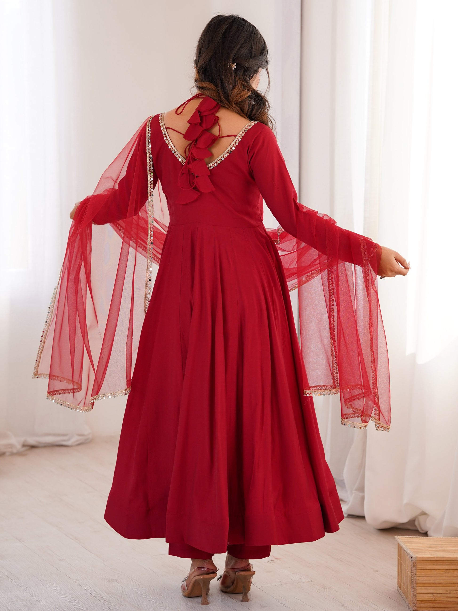 Amazing Maroon Lace Work Georgette Wedding Wear Anarkali Gown With Dupatta