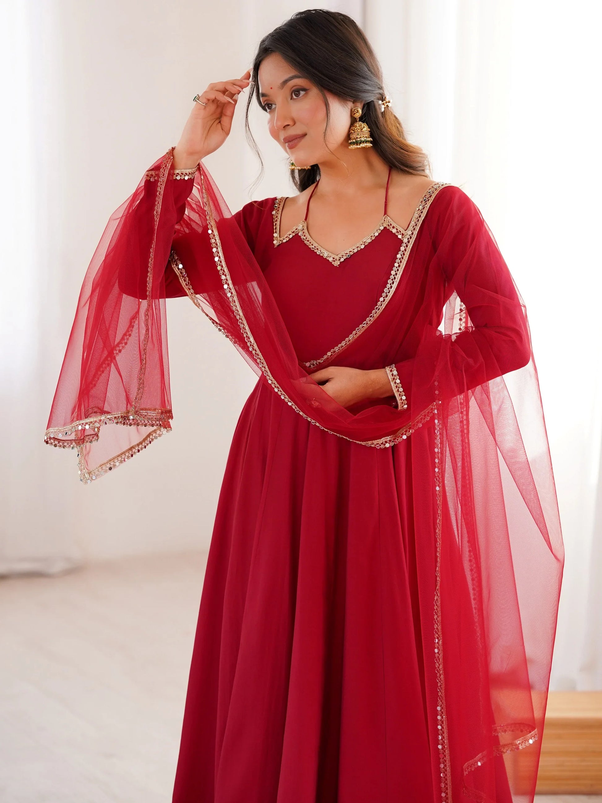 Excellent Red Roman Silk Event Wear Anarkali Gown With Lace Work Dupatta