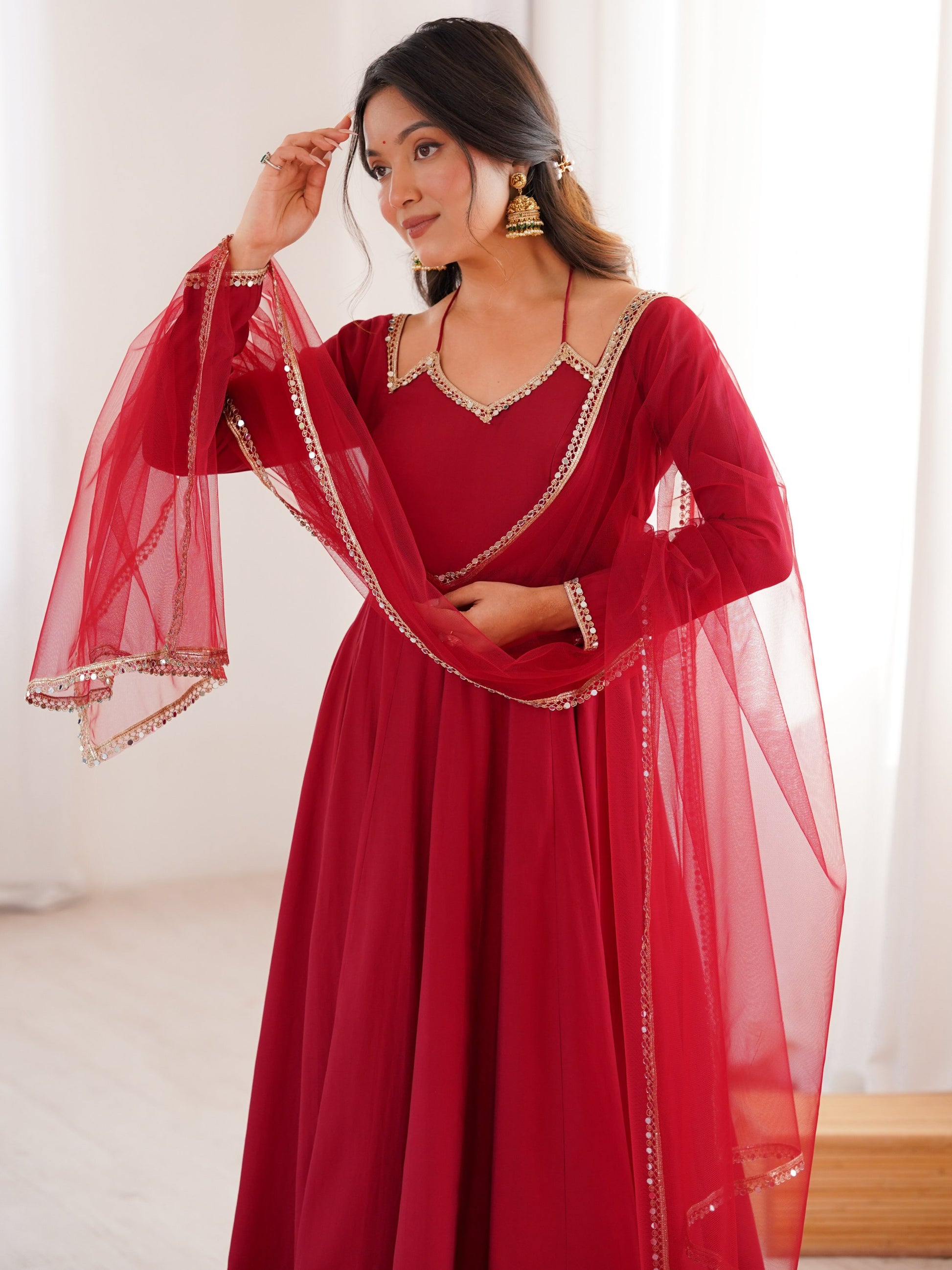 Amazing Maroon Lace Work Georgette Wedding Wear Anarkali Gown With Dupatta