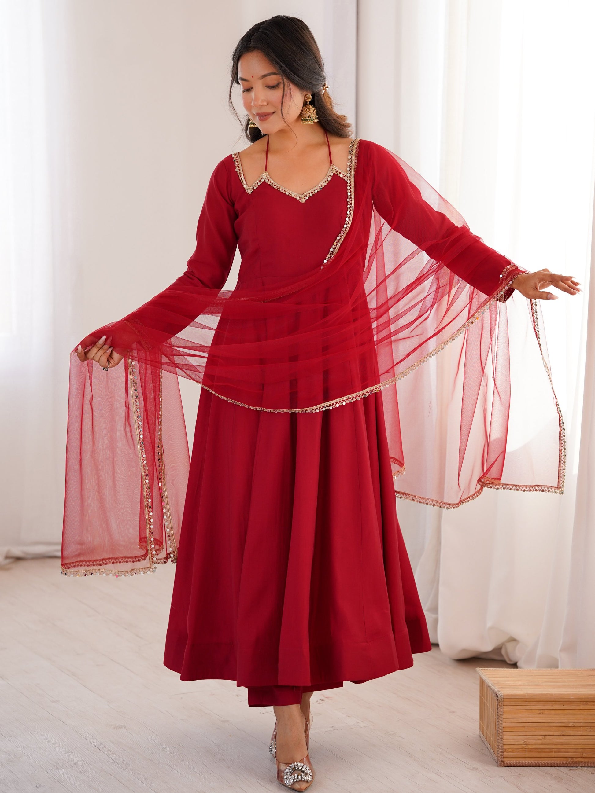 Amazing Maroon Lace Work Georgette Wedding Wear Anarkali Gown With Dupatta