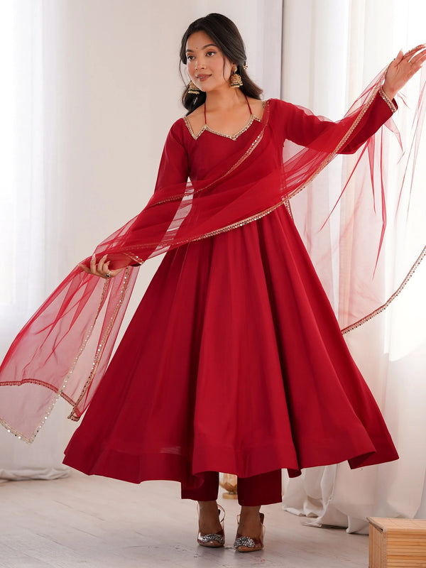 Excellent Red Roman Silk Event Wear Anarkali Gown With Lace Work Dupatta