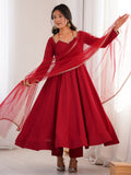 Amazing Maroon Lace Work Georgette Wedding Wear Anarkali Gown With Dupatta