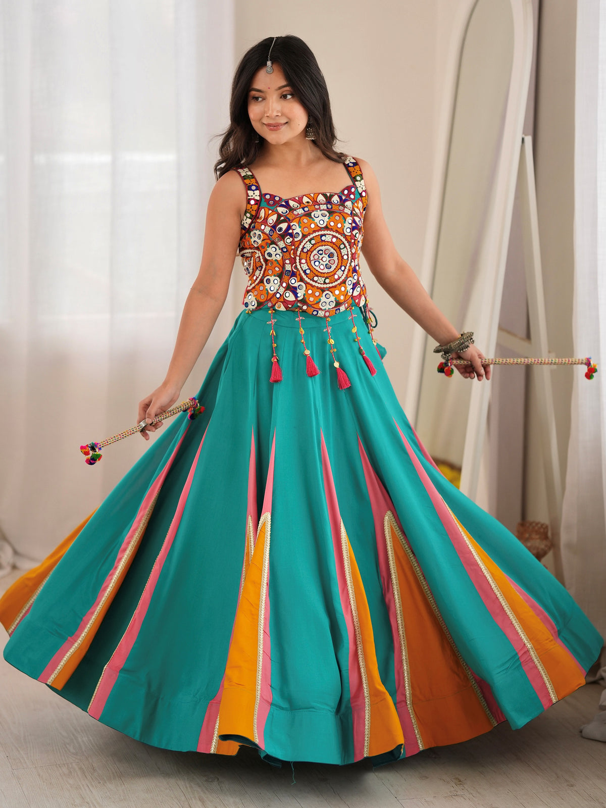 Notable Teal Green Mirror Work Rayon Navratri Wear Lehenga Choli