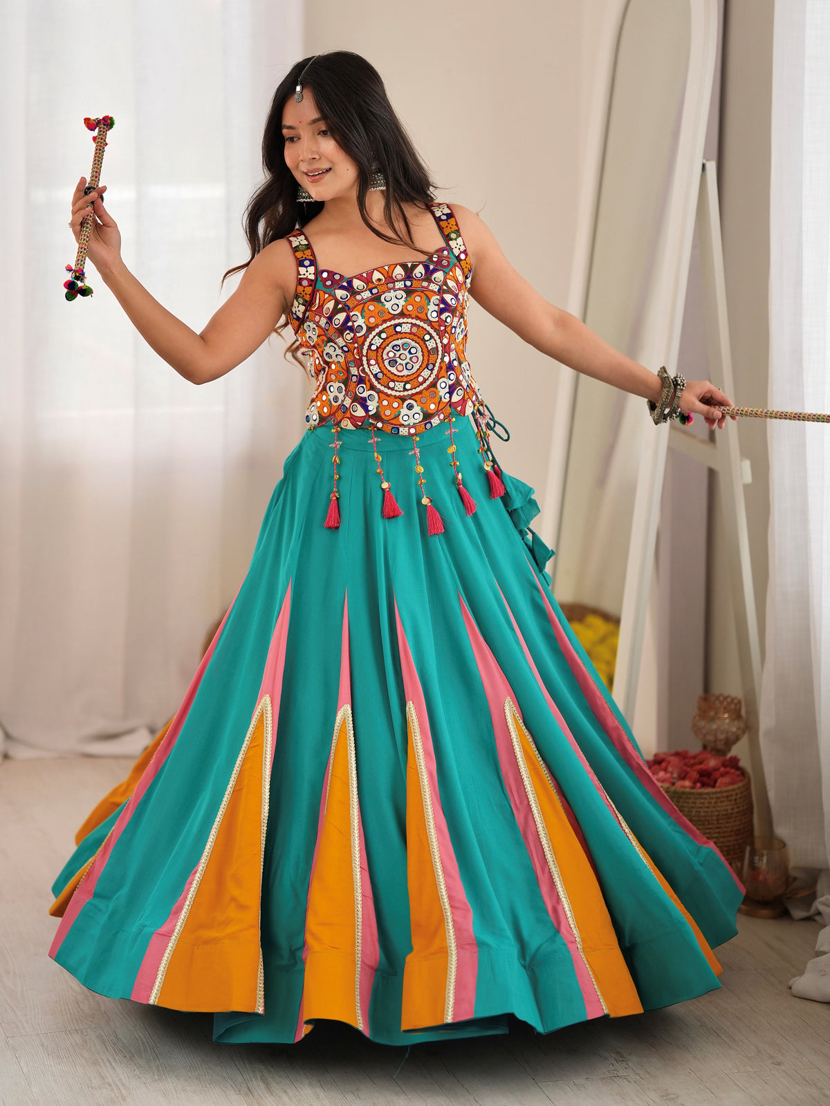 Notable Teal Green Mirror Work Rayon Navratri Wear Lehenga Choli
