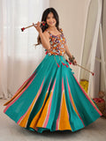 Notable Teal Green Mirror Work Rayon Navratri Wear Lehenga Choli