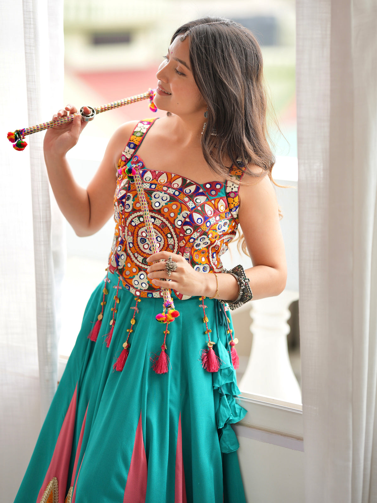 Notable Teal Green Mirror Work Rayon Navratri Wear Lehenga Choli
