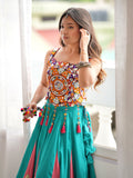 Notable Teal Green Mirror Work Rayon Navratri Wear Lehenga Choli