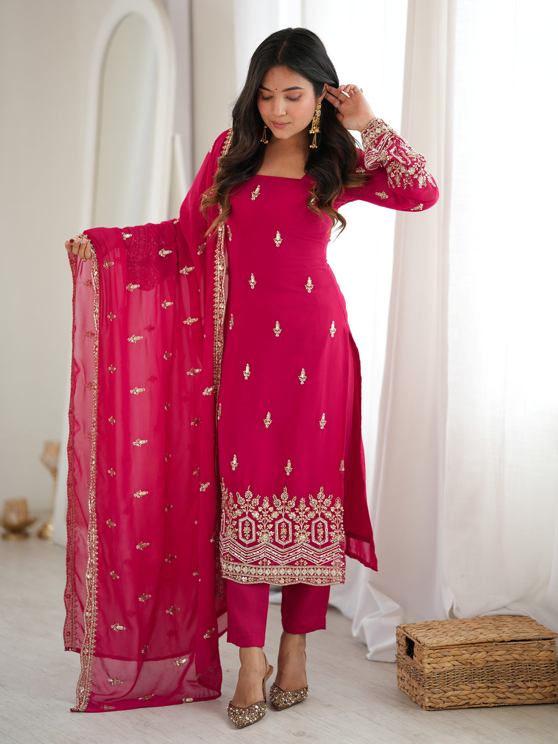 Fabulous  Pink Beads Work Georgette Wedding Wear Salwar Kameez