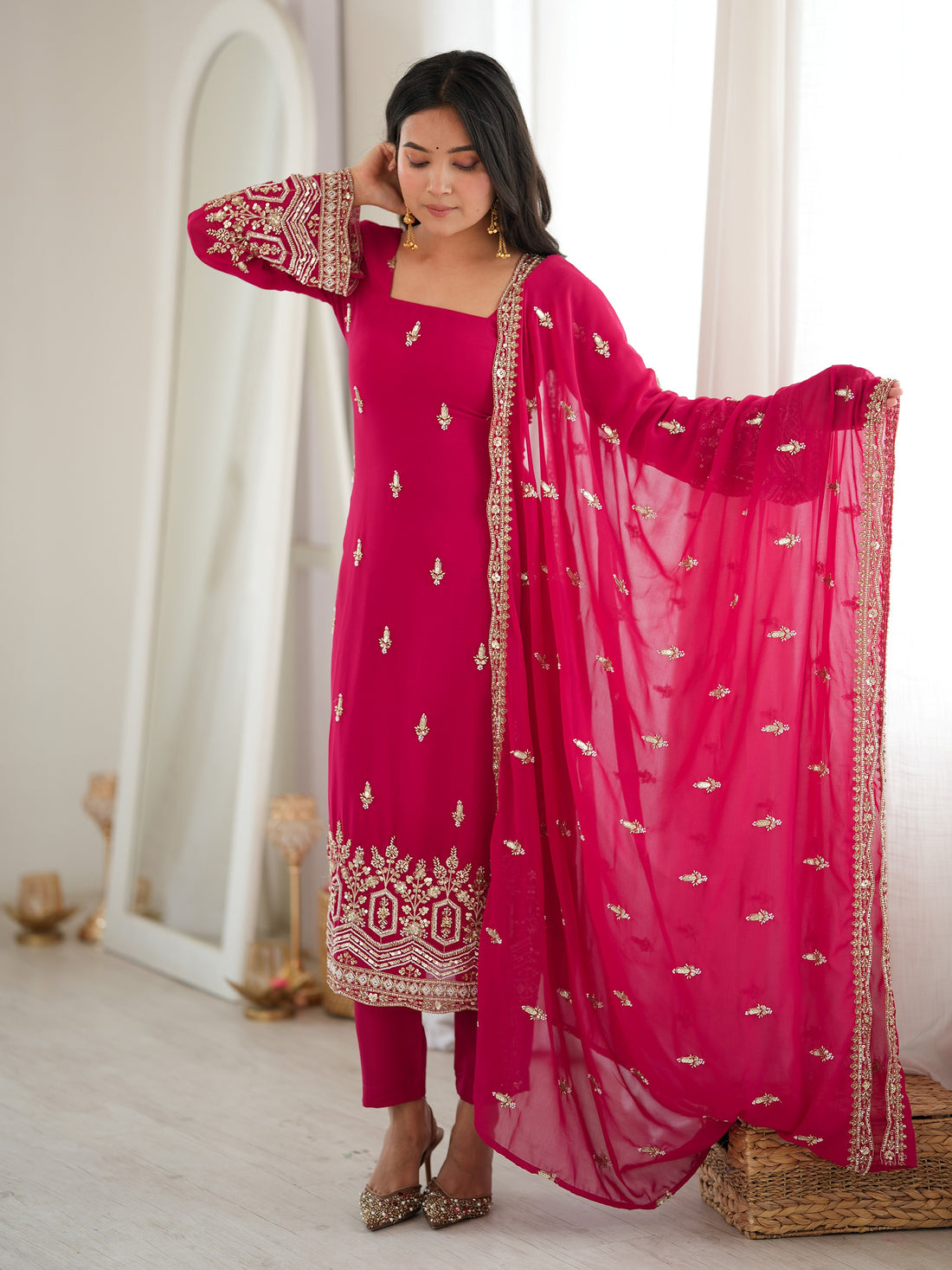 Fabulous  Pink Beads Work Georgette Wedding Wear Salwar Kameez