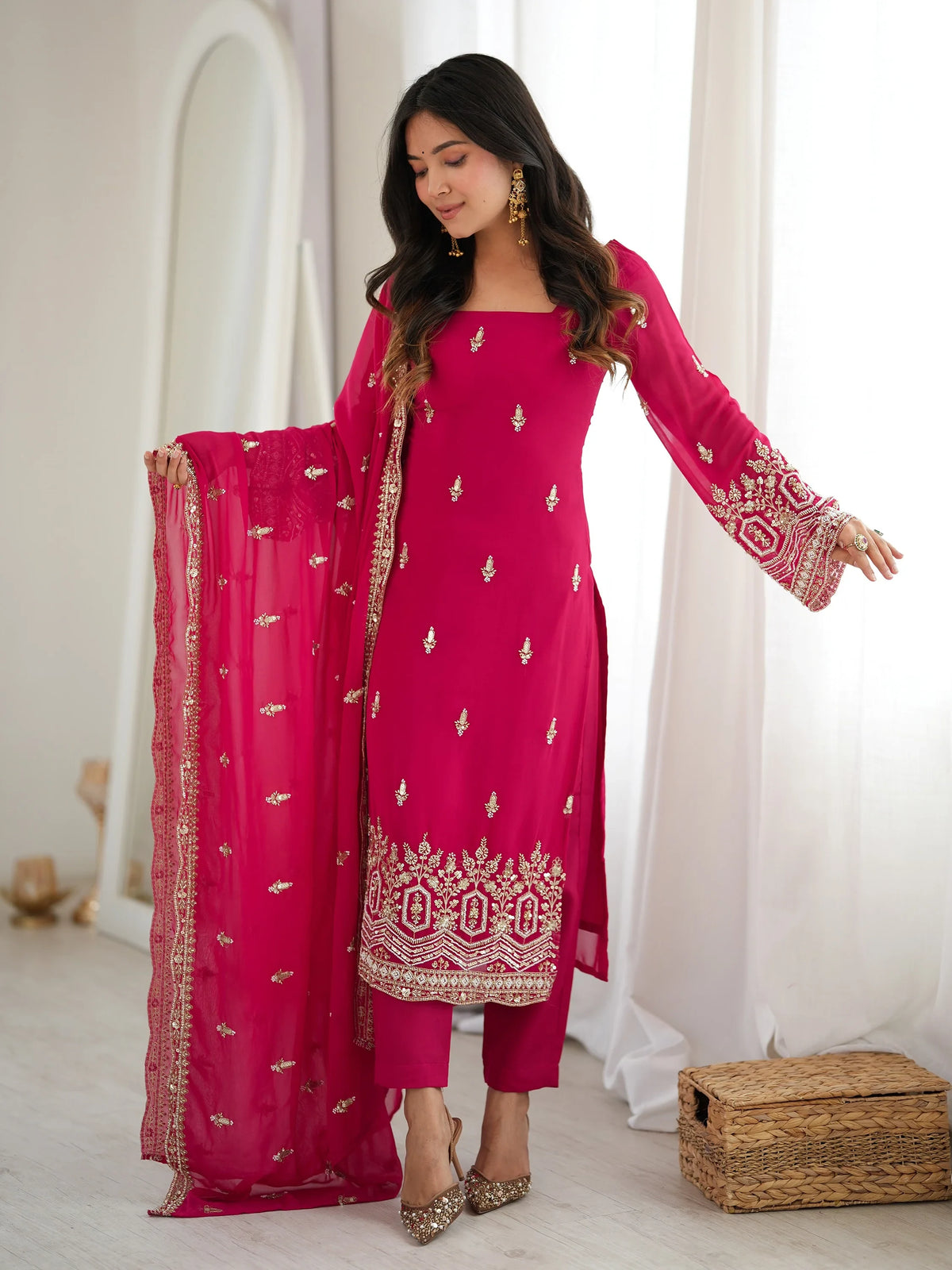 Fabulous Pink Beads Work Georgette Wedding Wear Salwar Kameez