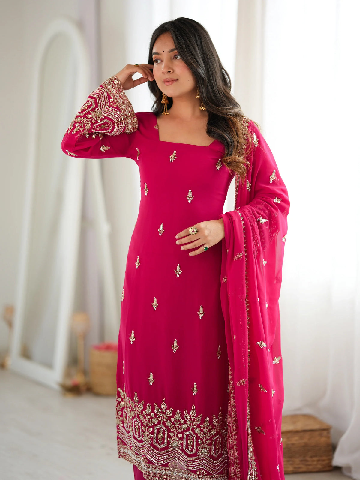 Fabulous Pink Beads Work Georgette Wedding Wear Salwar Kameez