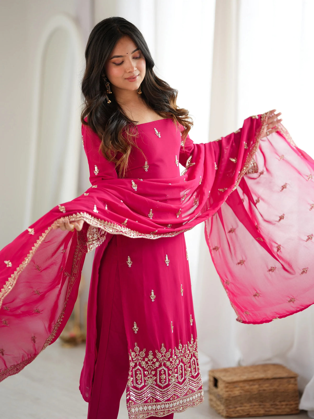 Fabulous Pink Beads Work Georgette Wedding Wear Salwar Kameez